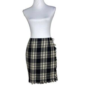 L.G.R Women’s Black White Vintage 80’s Wool Plaid Lined Fringe Wrap Skirt 8/W28
